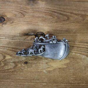 Noah's Ark Silver Pewter Brooch AJC Signed 3" Timeless Religious 2 by 2 Animals